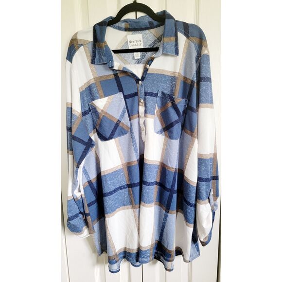 New York Laundry 3X Plaid Soft‎ V-Neck Roll Tab Sleeve Tunic Top Blue Gold - Picture 1 of 9